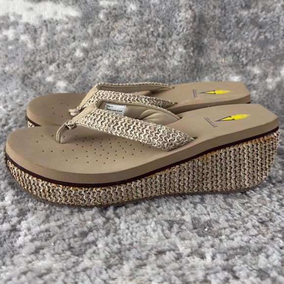 Volatile Sz 11 Beige Wedge Woven Flip-Flop Platform Sandals Thick Chunky - Picture 6 of 10